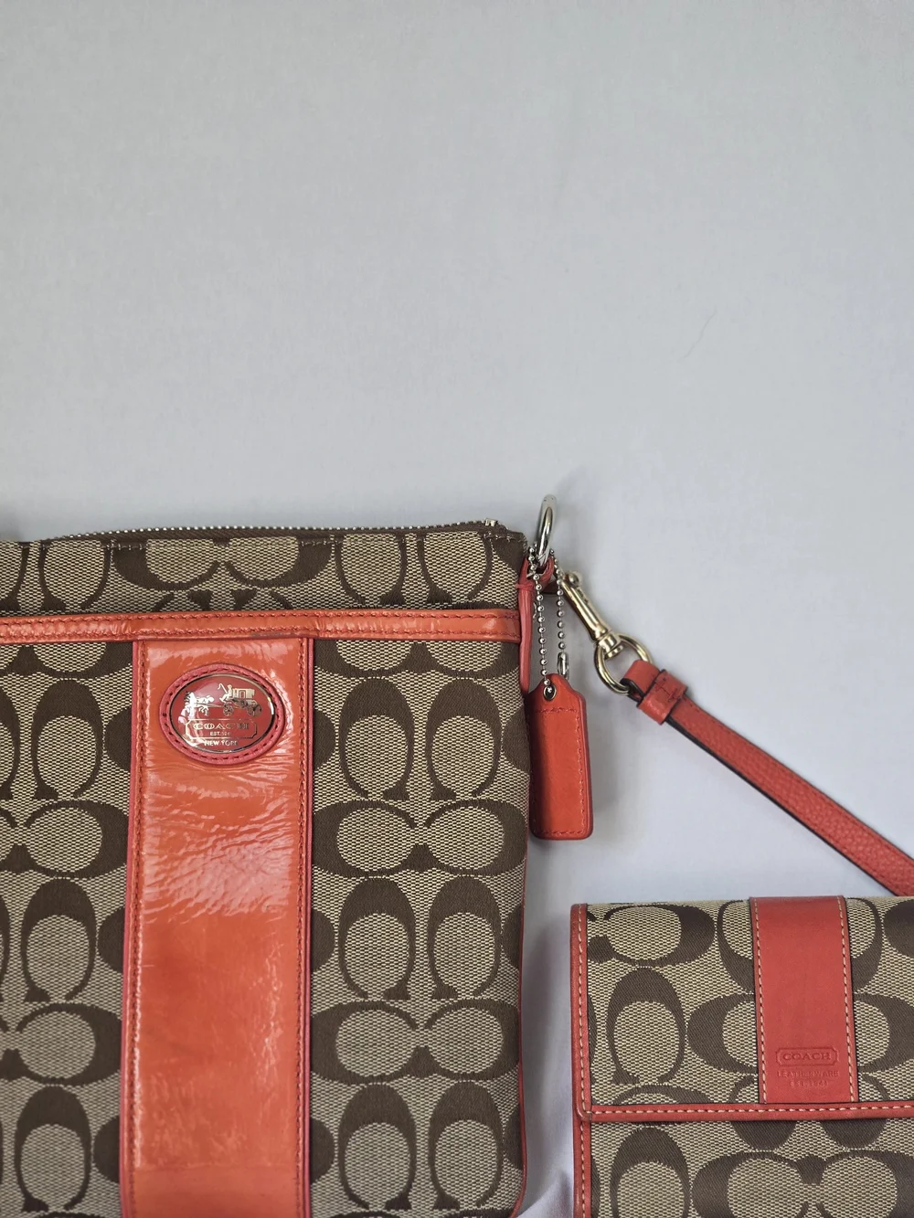 Coach Brown Signature Canvas Crossbody with Coral Trim and Matching Wallet